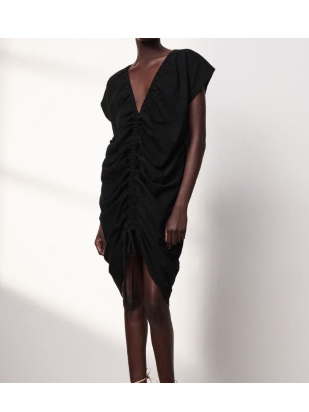 Zara Black Ruched V-Neck Gathered Midi Dress